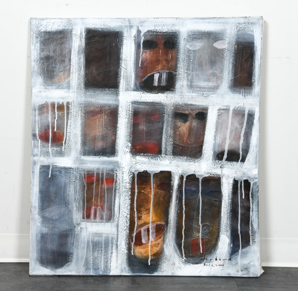 ABSTRACT OIL ON CANVAS: Signed to lower right corner with title and date, 2008. Oil on canvas with squares and faces. Dimensions: H 36" x W 32". Condition: Unframed. Wear consistent with age and display.
