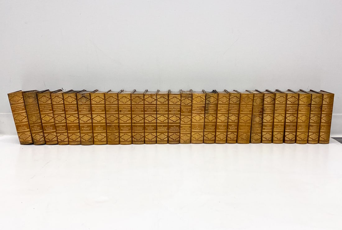 ANTIQUE NORDIC LEATHER BOUND ENCYCLOPEDIA 1916: (26) Volumes included. 'Great Norse Lexicon of Conversation: A Nordic Encyclopedia' edited by Magister P.A. Rosenberg. Published in 1916. Several illustrations inside accompanying text. Dimensions: