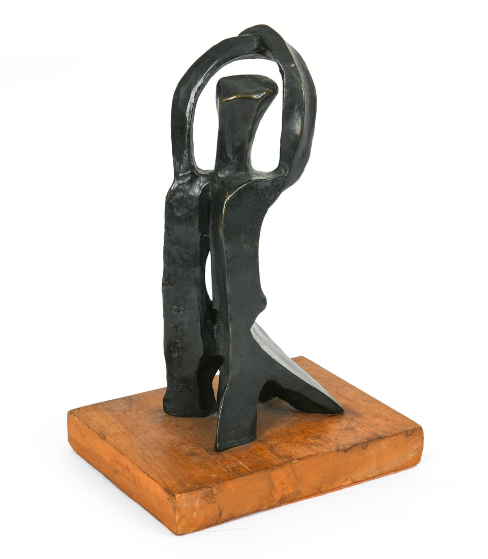 HELEN POST (1915-2010) FIGURITIVE BRONZE SCULPTURE: Signed and dated to side, 1983. Bronze figure mounted to wooden plinth. Dimensions: H 8.75" x W 4.75" x D 6". Condition: Scuffs and rubs to figure. Few water spots and some fading to wooden base.