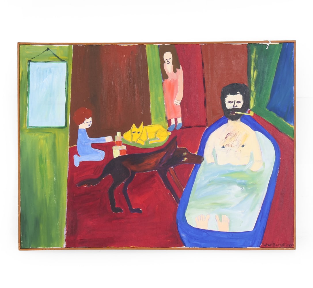 PETER BARNET (20TH C.) A/C: Signed and dated to lower right corner, 1977. Depiction of a family with two dogs. Acrylic on canvas. Dimensions: Frame H 24.5" x W 32.5". Canvas H 24" x W 32". Condition: Scuffs and dings to frame. W