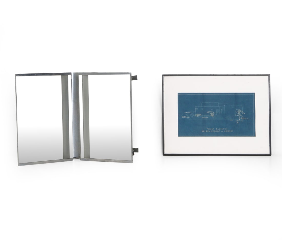 WILLIAM LESCAZE MIRROR & BLUEPRINT OF HOBART HOUSE: Rare architectural mirror fixture designed by William Lescaze around 1937. Commissioned for Garret Hobart III residence in Tuxedo Park, NY. Chrome and stainless steel frame. Together with blueprint of