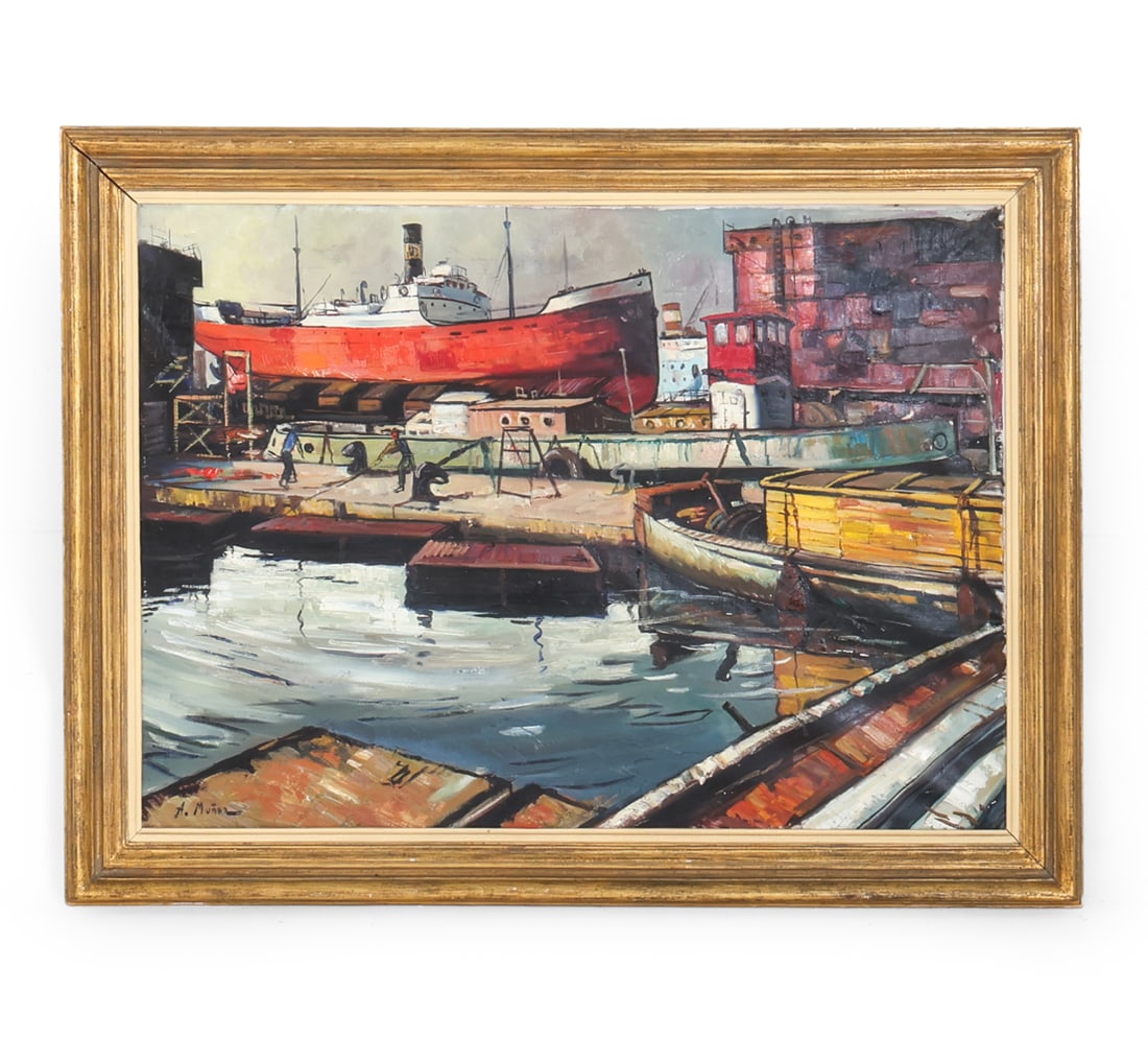 ALBERTO MUNOZ BOQUERA (B. 1925) HARBOR SCENE O/C: Signed to lower left corner. Signature and title on back 'El Dique, Puerto de Barcelona'. Harbor scene with figures in background. Oil on canvas. Mid 20th century. Dimensions: Frame H 35.75" x W 47". 