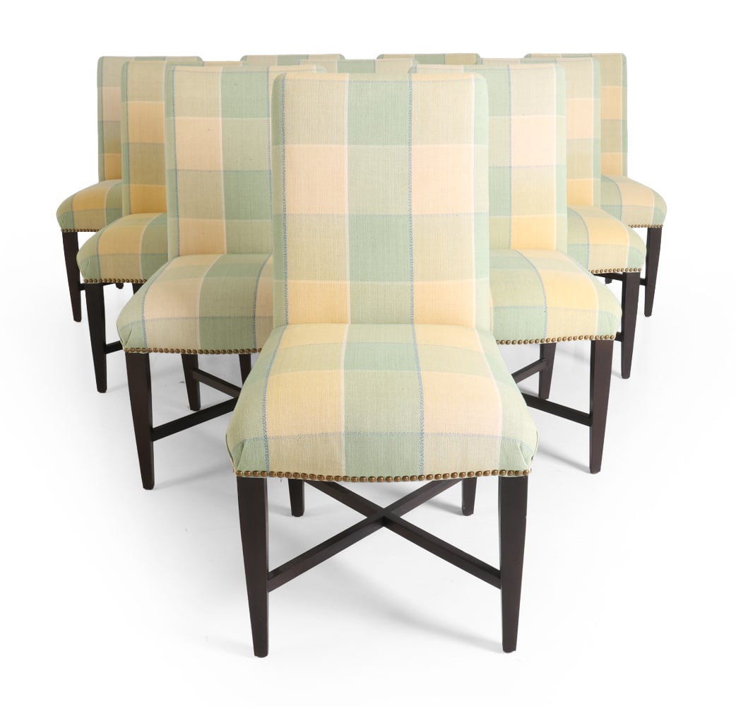 (10) PARSONS STYLE UPHOLSTERED DINING CHAIRS: Ten dining chairs with plaid upholstered seating in yellow and green tone and nailhead trim to side. Dark stained wooden legs with H-stretcher. Dimensions: H 38" x W 18" x D 21" x SH 19" Condition: We
