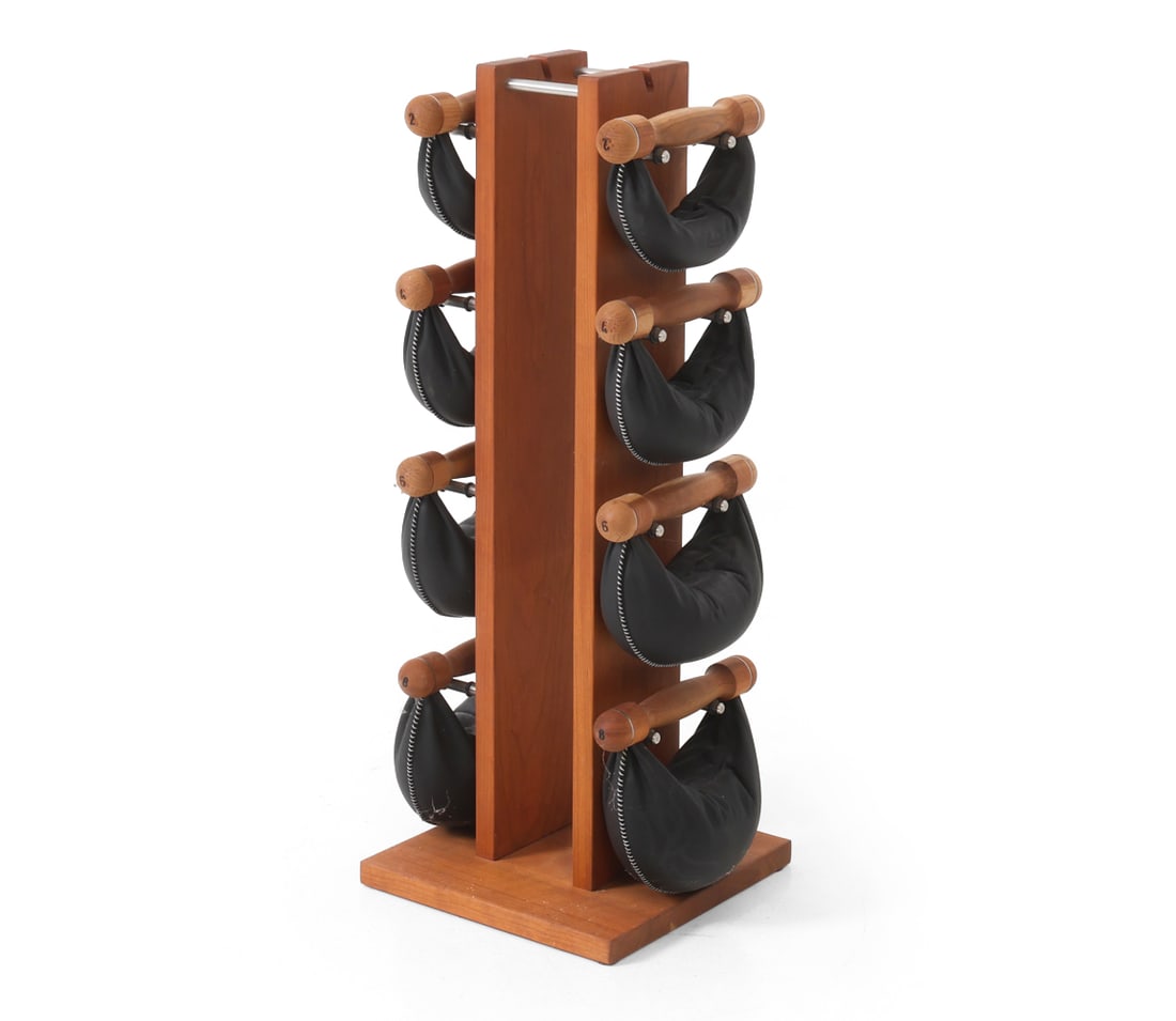 NOHRD SWINGBELLS TOWER SET: Includes 8 free-weights in pairs of 2Kg, 4Kg, 6kg & 8 KG. Maker marked to base. Dimensions: H 33.5" x W 12.5" x D 12.5" Condition: Wear consistent with age and use. Couple of minor scuffs.