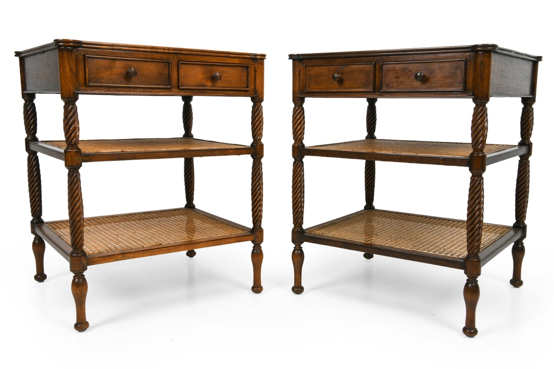 PAIR OF REGENCY STYLE MAHOGANY & CANED NIGHTSTANDS: Three-tiered nightstands in mahogany, features top drawers and two caned shelves. 20th century. Dimensions: H 28" x W 22" x D 20" Condition: Wear consistent with age and use. Scuffs and nicks. Fading 