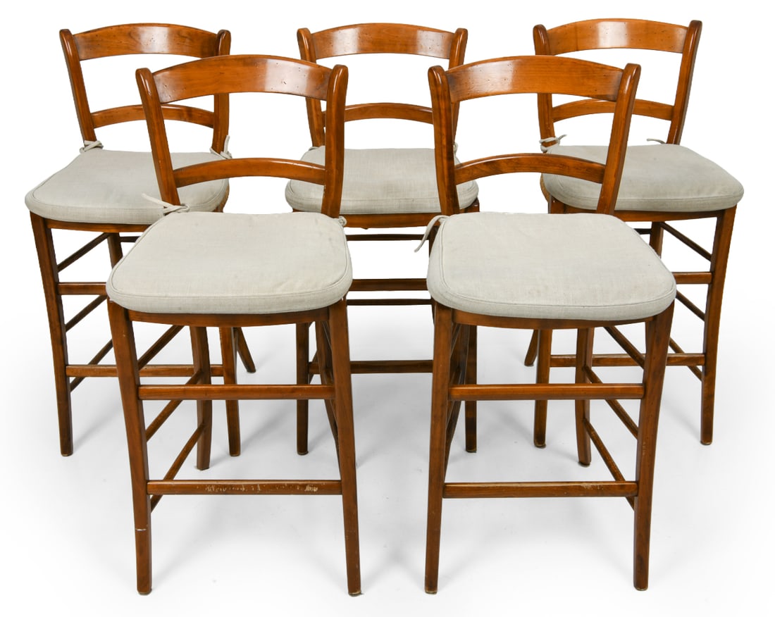 (5) DUPIN FRENCH WOVEN RUSH BAR COUNTER STOOLS: Set of (5) barstools in stained beech frame, featuring woven rush seat with padded upholstered cushion. Horizontal slatted backrest and multiple stretchers between legs. Marked beneath rush and to fra