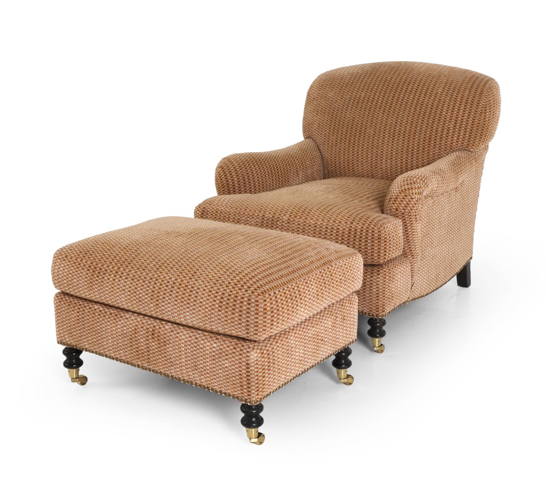 GEORGE SMITH STYLE LOUNGE CHAIR & OTTOMAN: Roll-arm club chair and a matching ottoman in chenille upholstery. Turned wooden legs with gold tone metal castors. Brass tacks accent. 20th century. Dimensions: Chair H 33.5" x W 31" x D 37.5" x SH 1