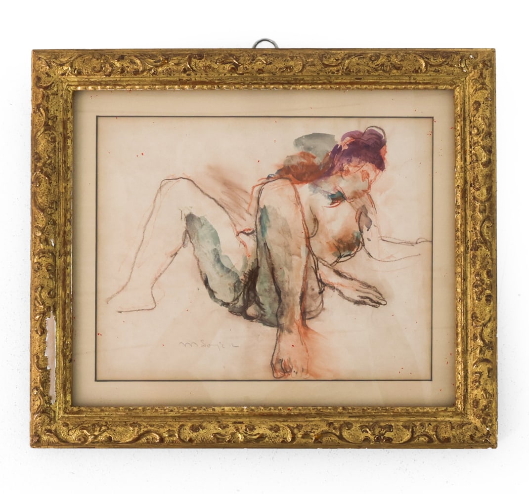 MOSES SOYER (1899-1974) OIL PASTEL NUDE: Signed to lower left. Oil pastel on paper featuring a reclined nude woman. Mid 20th century. Dimensions: Frame H 15.25" x W 17.25". Sight H 12.25" x W 14.25". Condition: Losses to frame. Few red