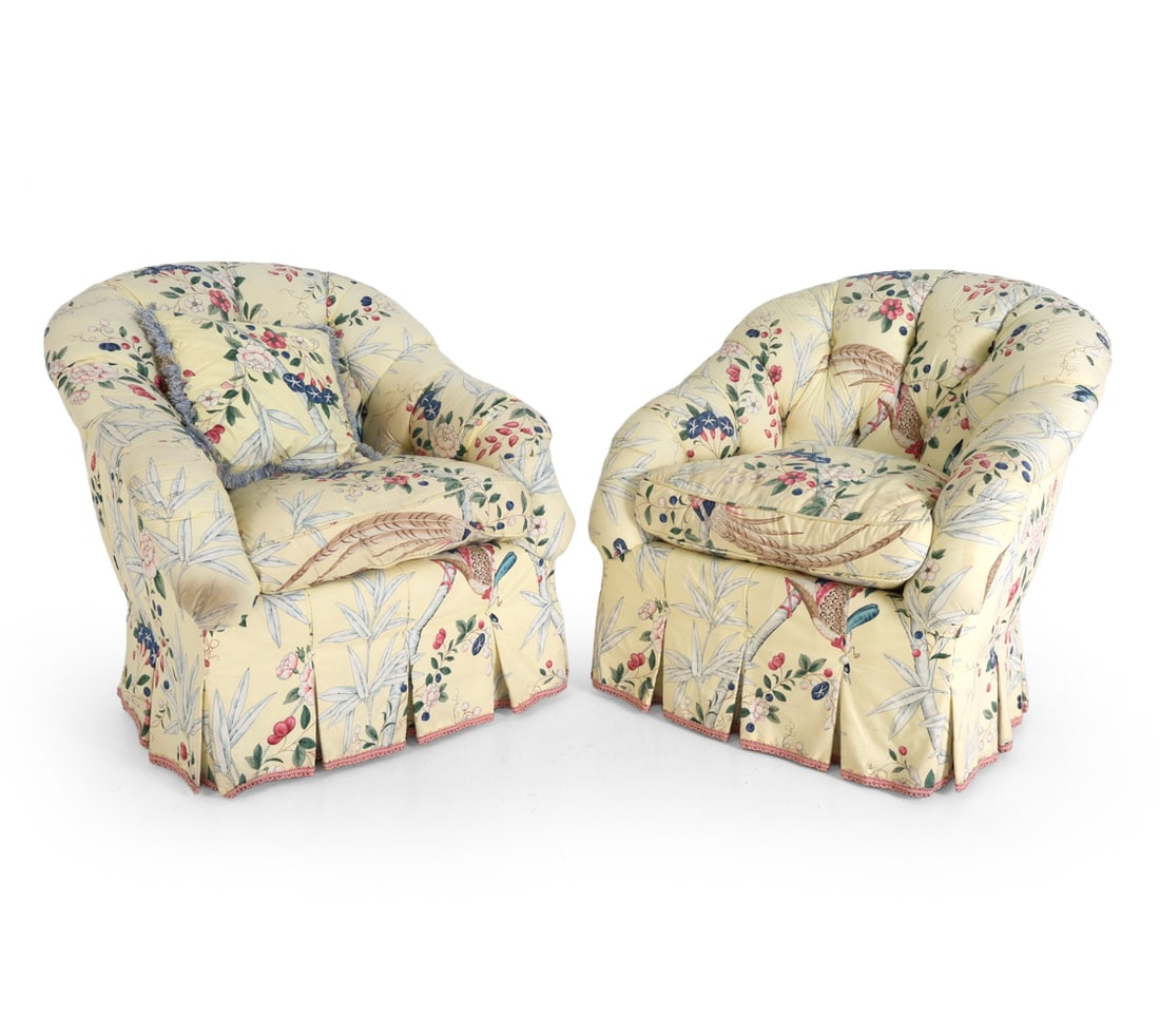 PAIR OF O. HENRY HOUSE "ARDEN" LOUNGE CHAIRS: Model 440 Arden lounge chairs. Floral chintz tufted upholstery with skirts in a botanical pattern. Marked under the cushion. 20th century. Dimensions: H 34" x W 34" x D 35" x SH 18" Condition: Wear co