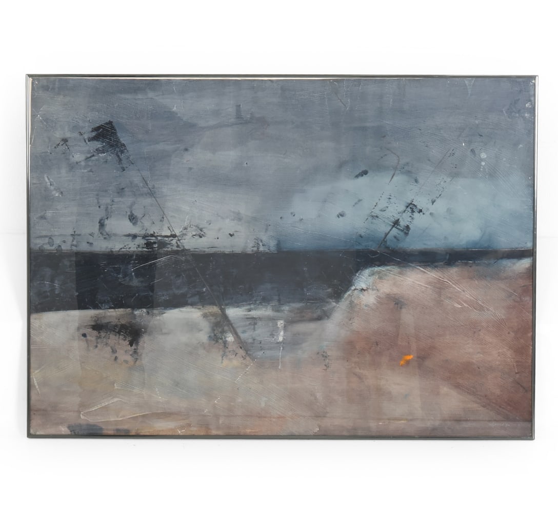 SUSAN BARNES (20TH C.) ABSTRACT ACRYLIC ON PAPER: Abstract work on paper featuring earth tones. Apparently unsigned. Professionally framed. Dimensions: Frame H 30.5" x W 42.25". Sight H 29.5" x W 42.75". Condition: Small perforations to corners from 