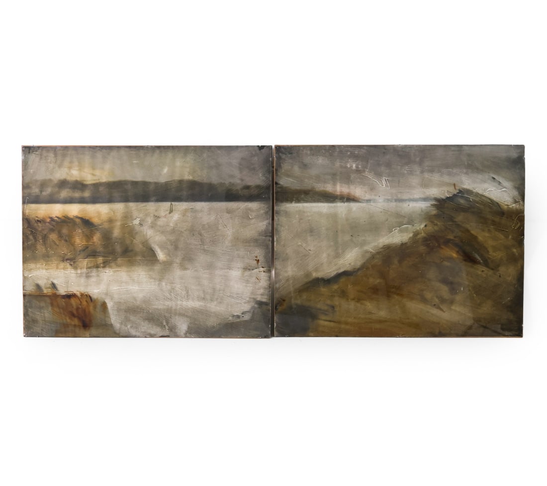 SUSAN BARNES (20TH C.) ABSTRACT ACRYLIC DIPTYCH: Pair of acrylic works featuring abstract impressions of a landscape scene. Apparently unsigned. Acrylic on paper. Dimensions: H 27" x W 36.25". Condition: Not examined out of frames. Few small perfora