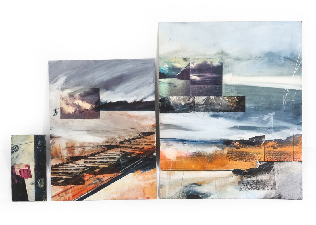 SUSAN BARNES (20TH C.) MIXED MEDIA ON PANEL GROUP: Grouping of (3) works featuring mixed media on wooden panels. Oil with collage elements. Apparently unsigned. Dimensions: Largest H 60.5" x W 48". Condition: Scuffs and scratches with few chips to edg