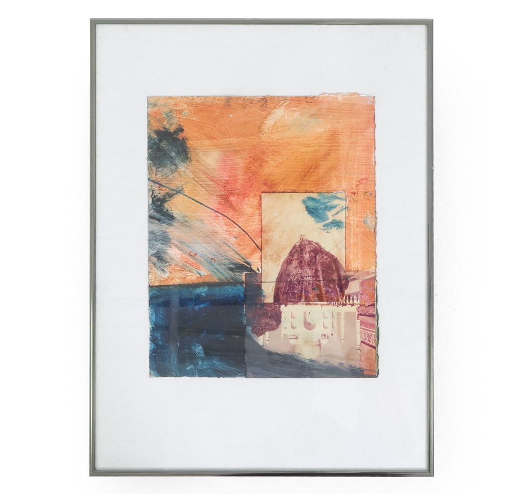 SUSAN BARNES (20TH C.) MIXED MEDIA ON PAPER: Abstract work featuring mixed media elements. Acrylic paint with collage elements. Apparently unsigned. Dimensions: Frame H 20.25" x W 15.5". Work H 12.5" x W 10.5". Condition: Not examined out of fra