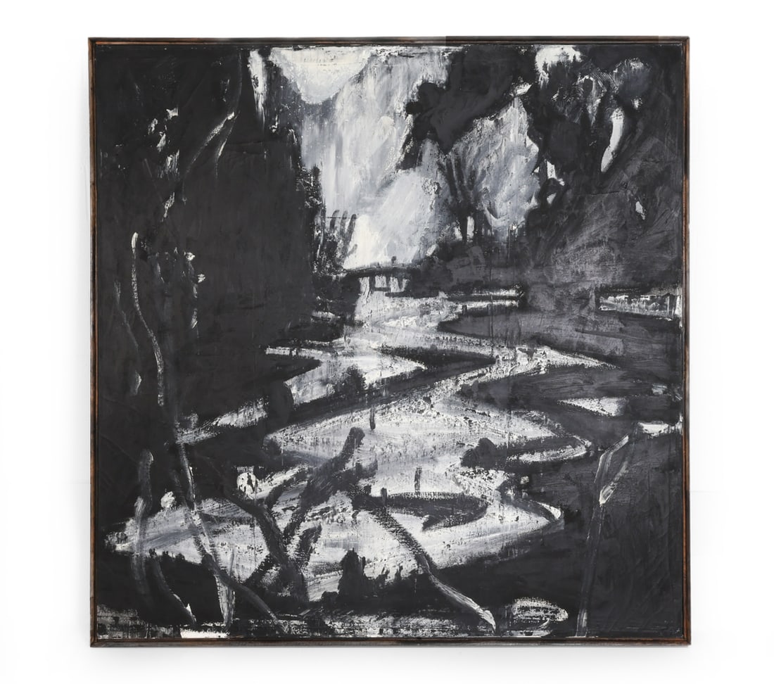 GREGORY BOTTS (B. 1952) ABSTRACT O/C PAINTING 1985: Titled "The Sky Becomes an Aerial Water", signed, dated 1985, with Anne Plumb Gallery label and multiple inscriptions on verso. Oil and wax on canvas. Dimensions: (Frame) H 70" x W 68.5" (Canvas) H