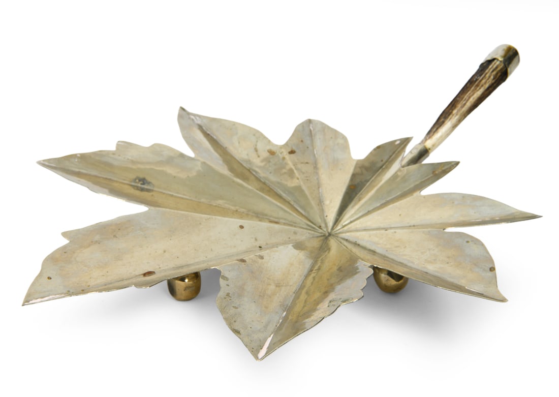 PAUL SMITH (20TH C.) SILVER PLATE LEAF TRAY: Metal tray in silver tone with antler handle. Apparently unsigned. Dimensions: H 4.75" x W 14.75" x D 18.5". Condition: Spots of oxidation. Scratches and scuffs to metal. Paint marks. Wear consistent