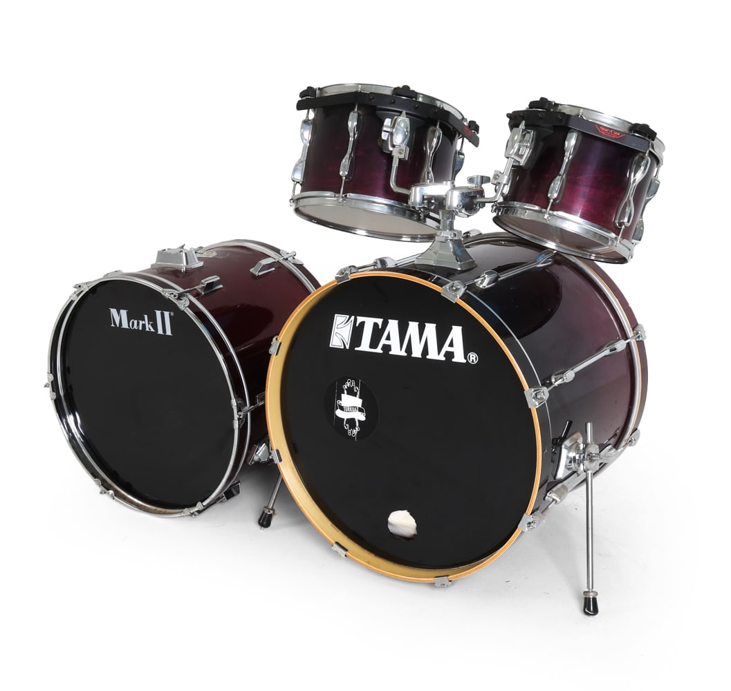 TAMA ROCKSTAR 3PC DRUM KIT & BASE DRUM: Includes (2) toms and (1) base drum Tama. With cherry wood finish. Branded to sides. Together with (1) base drum by Mark II. Also includes (1) kick pedal. Circa 1990s. Dimensions: Kit As Displayed H