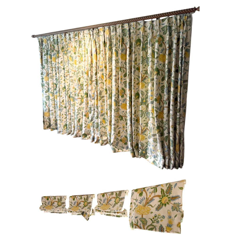 GROUPING OF NINA CAMPBELL 'CARACAS' CURTAINS: Group of (4) blinds affixed to wooden panels. Marked to inner edges. Poles for drapes are not included. Dimensions: The width of both panels together W 126" x H 89". Blinds H 55" x W 25.5".