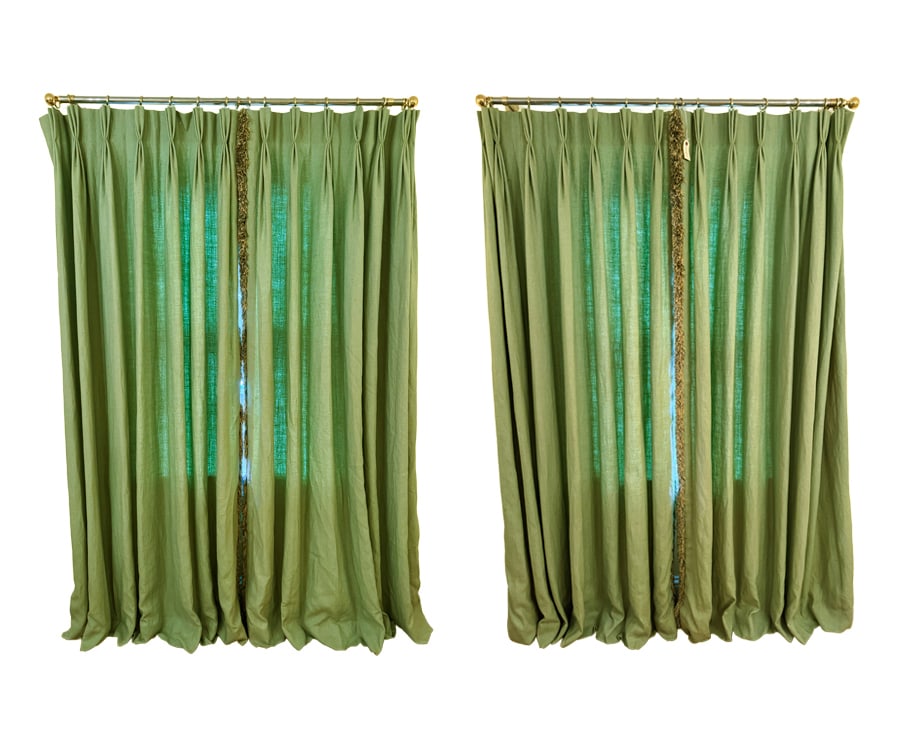 GREEN DRAPERY CURTAINS: (4) Panels. Dimensions: The Width of all panels together: W 56" x H 85" Condition: Wear consistent with age and use. Scuffs, fading.