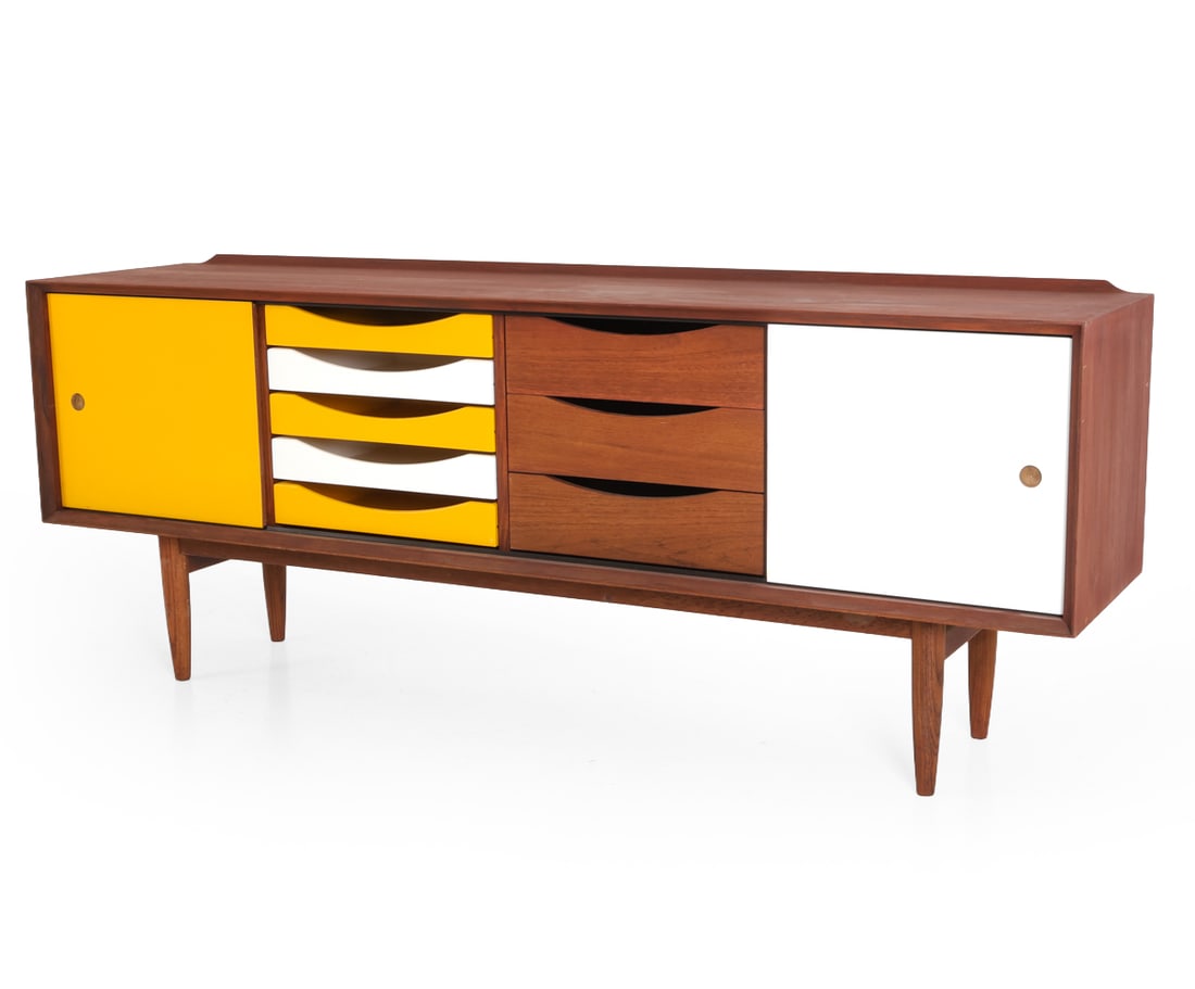 JP DESIGN FOR BRUNO HANSEN DANISH SIDEBOARD: Sideboard, featuring two reversible sliding doors lacquered on one side in yellow and white. Apparently unmarked. Denmark, circa 1970s. Dimensions: H 27.5" x W 70.25" x D 17". Condition: Light scuffs 