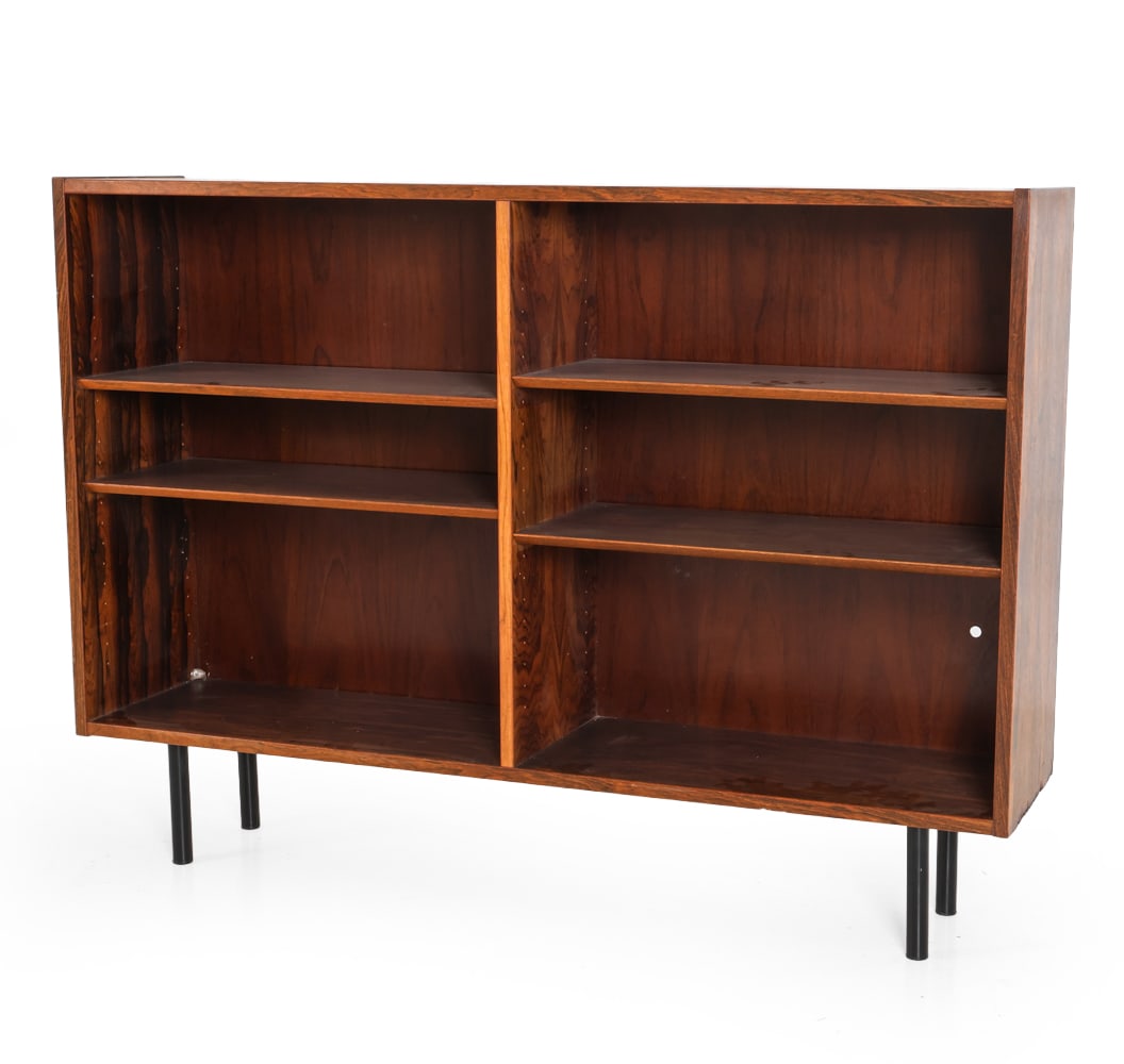 DANISH ROSEWOOD BOOKCASE C. 1960S: Adjustable shelves. Hole cut out to back. Apparently unmarked. Denmark, circa 1960s. Dimensions: H 39.5" x W 54.5" x D 12.25". Condition: Scuffs and scratches to shelves. Wear consistent with age and 