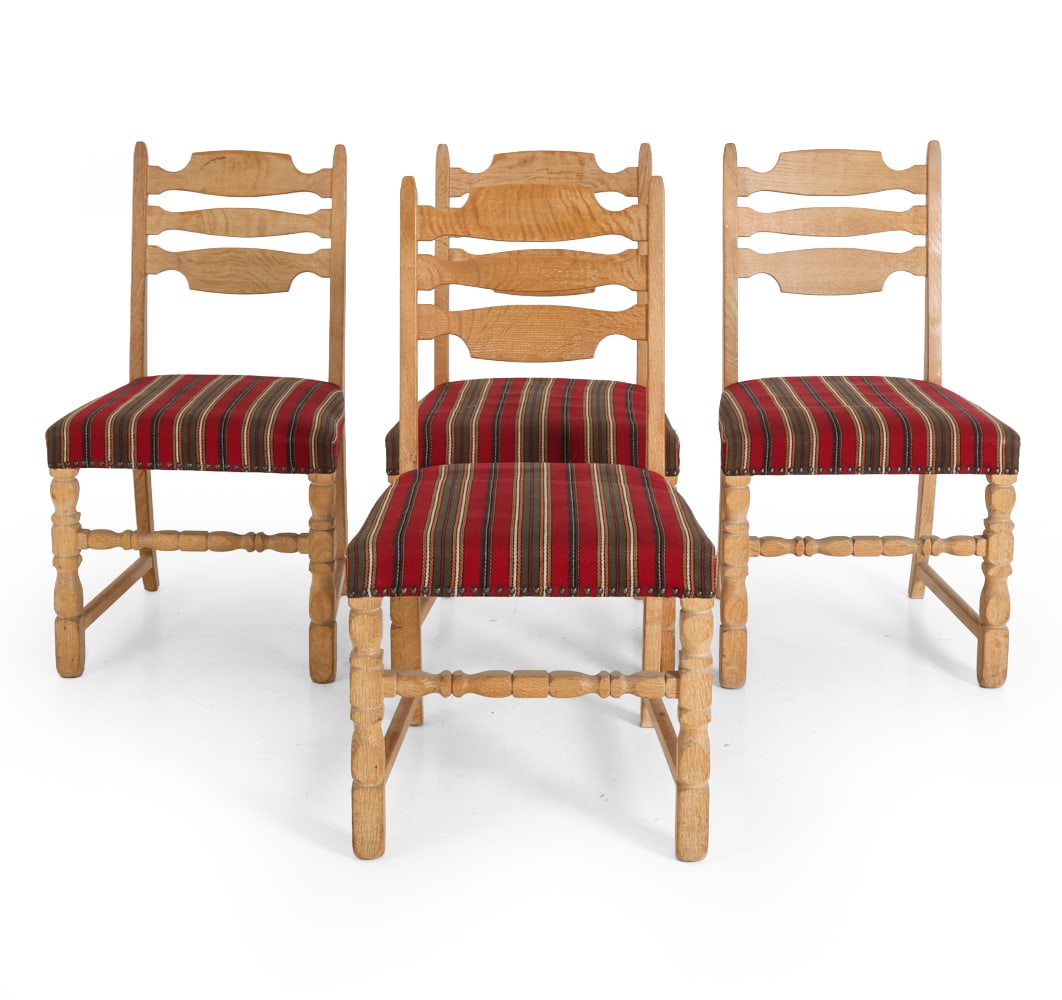 (4) ATTR HENNING KJAERNULF OAK DINING CHAIRS 1960S: Brutalist oak dining chairs in carved backrests and turned spindle legs. Striped upholstery in shades of red, green, black, and beige. Denmark, circa 1960s. Dimensions: H 34" x W 16" x D 20" x SH 18" 
