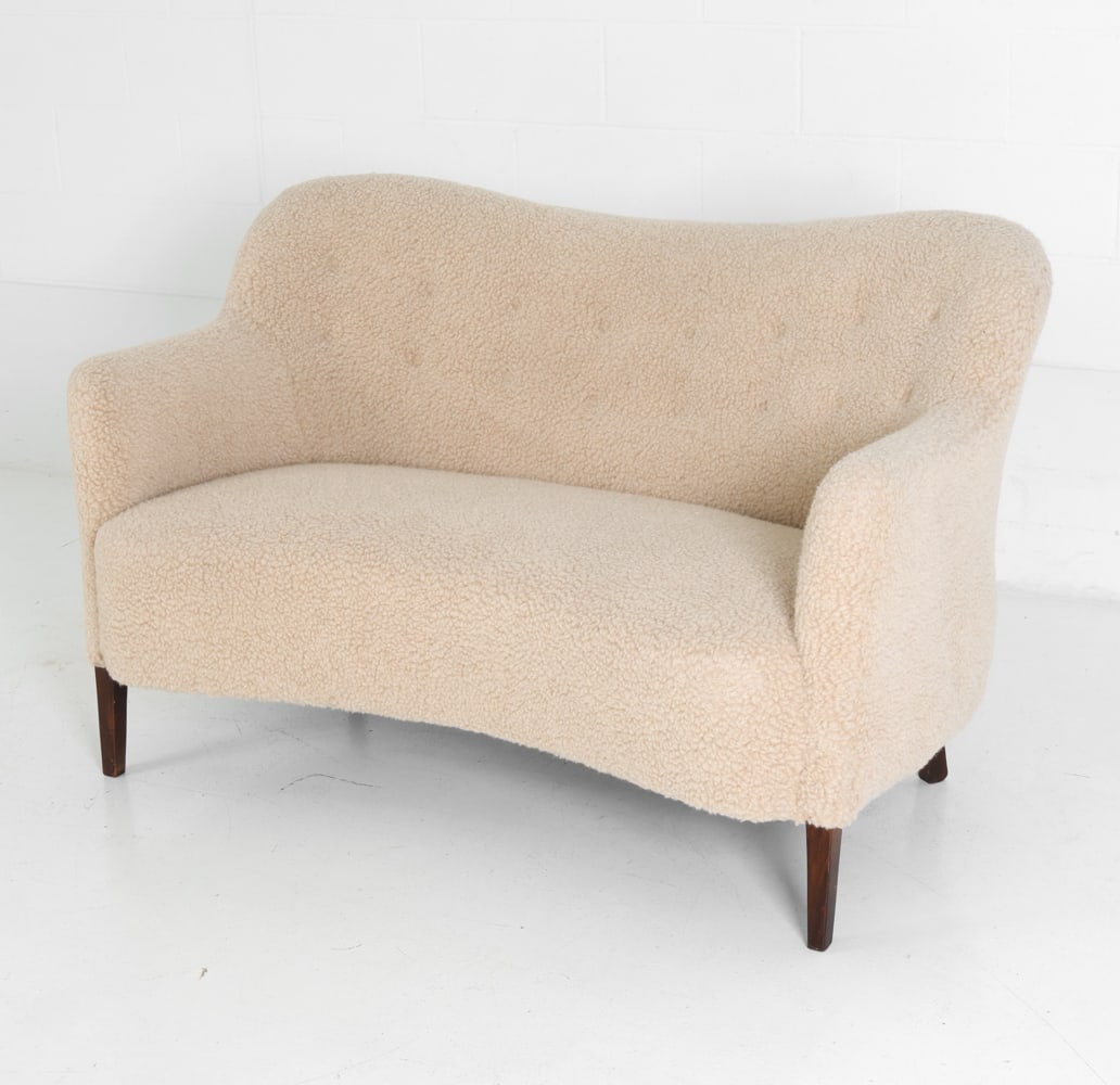 ATTR. ALFRED CHRISTENSEN LAMBSWOOL LOVESEAT 1940S - 2
