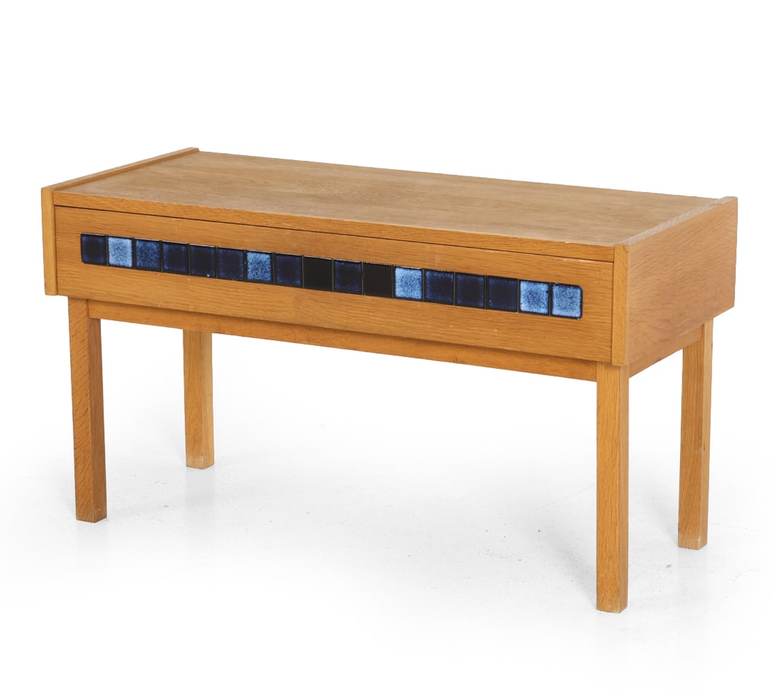 PEDERSEN & HANSEN DANISH OAK & TILE CHEST C. 1960S: Small oak chest with blue ceramic tiles inlaid to drawer front. Apparently unmarked. Denmark, circa 1960s. Dimensions: H 17.25" x W 31.25" x D 13.25". Condition: Scuffs and rubs, few faint water spots