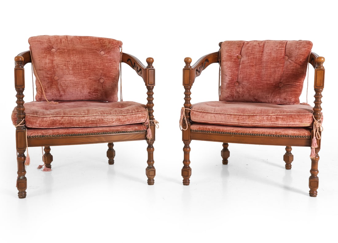 PAIR ATTR GIORGETTI GALLERY CARVED ARMCHAIRS 1970S: Attributed to Gallery collection armchairs manufactured by Giorgetti in 1975. Pink velvet cushions and silk tassel ties. Apparently unmarked. Italy, circa 1970s. Dimensions: H 27" x W 25" x D 25" x SH