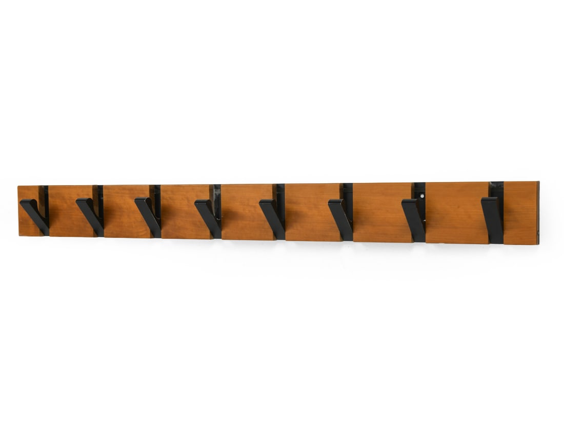 SCANDINAVIAN BEECH COAT RACK C. 1970S: Beech coat rack with retractable metal hooks. Scandinavian, circa 1970s. Dimensions: H 3.25" x W 31.5" x D 1". Condition: Scuffs and dings to wood on edges. Wear consistent with age and use. A159