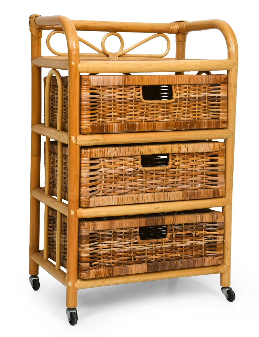 BOHEMIAN STYLE BAMBOO & RATTAN ROLLING CHEST: Rolling chest of drawers with bamboo frame and rattan construction to drawers. Circa 1970s. Dimensions: H 28" x W 18.5" x D 12.5". Condition: Several breaks to rattan on drawers. Filled holes over scr