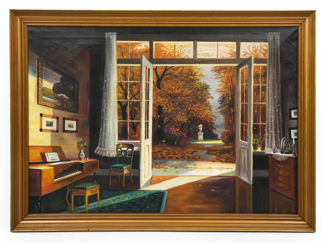 SCANDINAVIAN O/C INTERIOR PAINTING: Signed to lower left corner. Painting of a room interior with a view of the outside. Oil on canvas. Dimensions: Frame H 30.5" x W 41.75". Canvas H 26.5" x W 38". Condition: Scuffs and rubs to frame,