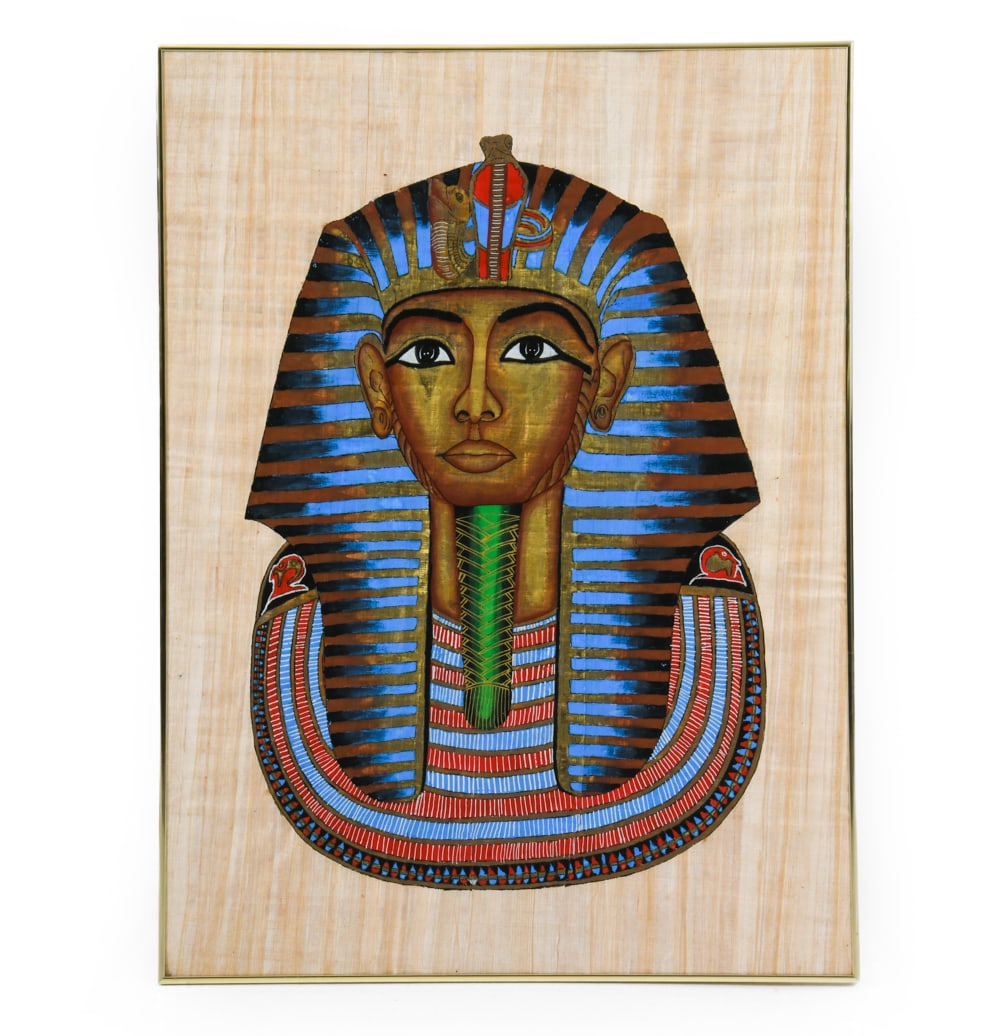 TUTANKHAMUN PHAROAH PAPYRUS PAINTING: Portrait of King Tutankhamun on handmade papyrus paper. Apparently unsigned. 20th century. Dimensions: Frame H 31" x W 23". Sight H 30.25" x W 22.25". Condition: Small hole above portrait. Wear