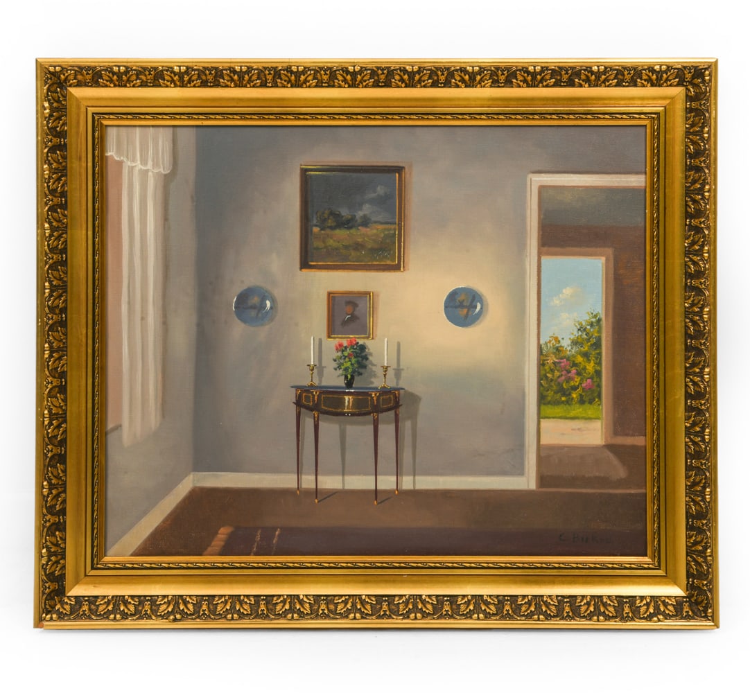 CARL BIRKSO (1901-1963) INTERIOR PAINTING O/C: Signed to lower right corner. View of the interior of a room with an open door in background. Oil on canvas. Dimensions: Frame H 24" x W 19.75". Canvas H 19.75" x W 16". Condition: Light scuffs and