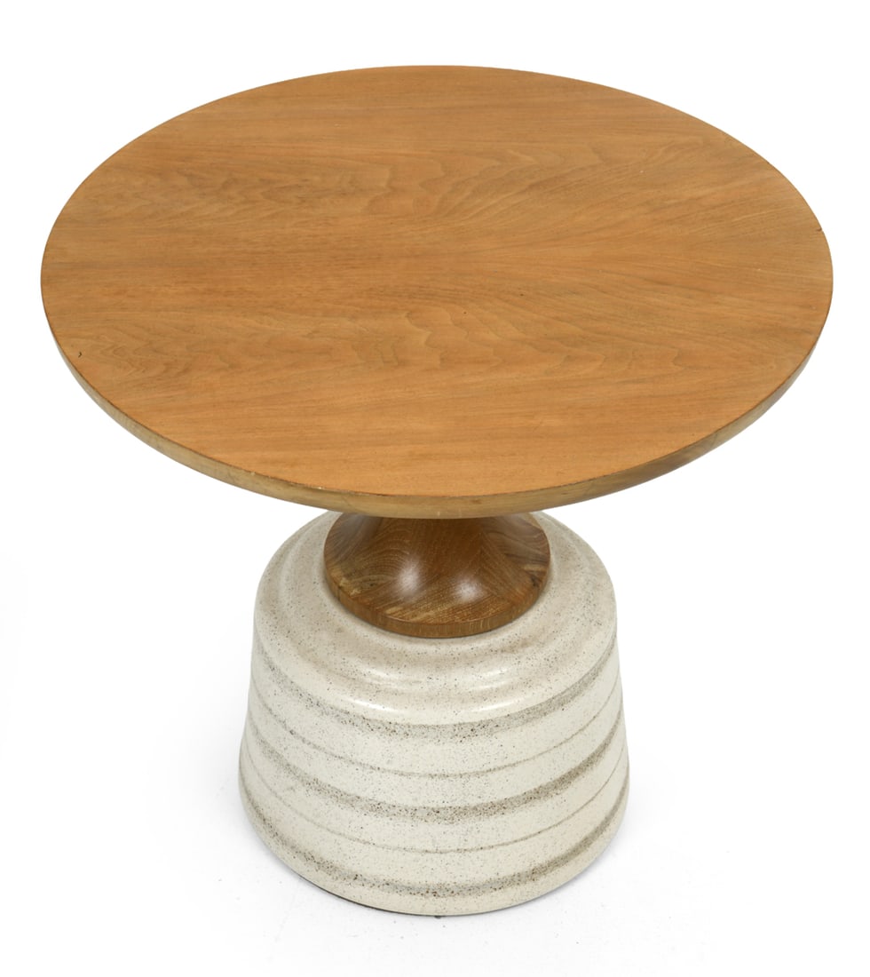 JOHN VAN KOERT FOR DREXEL WALNUT & CERAMIC TABLE: Side table or occasional table, designed by John Van Koert and produced by Drexel Furniture Company. Glazed ceramic base and walnut top frame. Apparently unmarked. Circa 1960s. Dimensions: H 20.5" x D