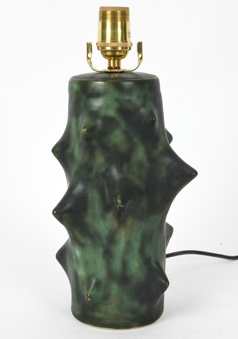 KNUD BASSE FOR MICHAEL ANDERSEN ROSENTORN LAMP: Model "Rosentorn" ceramic table lamp by Michael Andersen & Son. Mottled green glaze and pointed design resembling oversized rose thorns. Marked underneath. Denmark, circa 1970s. Dimensions: H 13" x Di