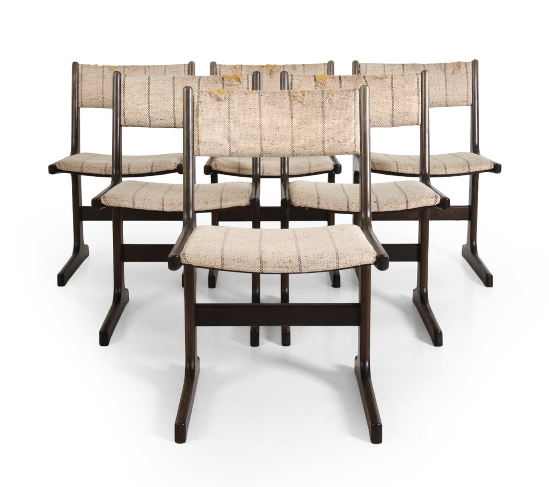 (6) POUL POULSEN FARSTRUP DANISH OAK DINING CHAIRS: Stained oak frame with beige stripe upholstery. Designed by Poul H. Poulsen for Farstrup Mobelfabrik. Marked to underside. Denmark, circa 1970's. Dimensions: H 31" x W 19" x D 19" x SH 18" Condition: 