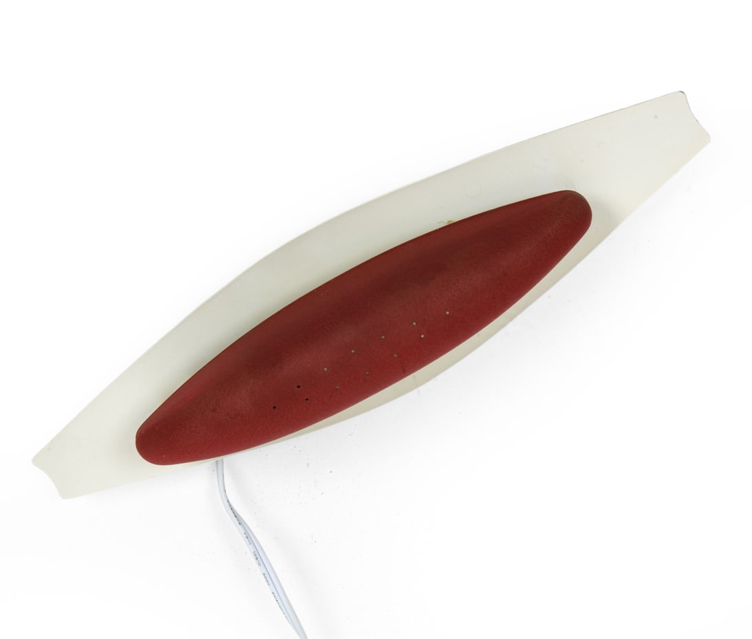 HARALD NOTTINI FOR ARVID BOHLMARKS WALL SCONCE: Model 8787 wall lamp designed by Harald Notini and manufactured by Arvid Bohlmarks Lampfabrik. White lacquered metal backplate with perforated and textured red diffuser. Apparently unmarked. Sweden, c