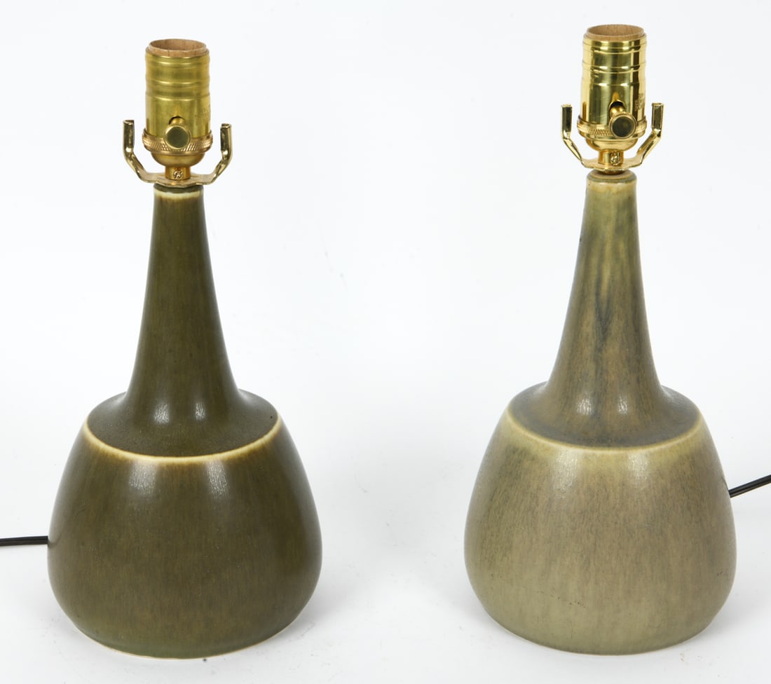 PAIR PER LINNEMANN-SCHMIDT FOR PALSHUS TABLE LAMPS: Model PL2 ceramic lamp designed by Per Lindemann Schmidt for Palshus Stentoj. Slender neck and rounded base in two green tone. Marked underneath. Denmark, circa 1960s. Dimensions: H 14" x Dia 6" Condi