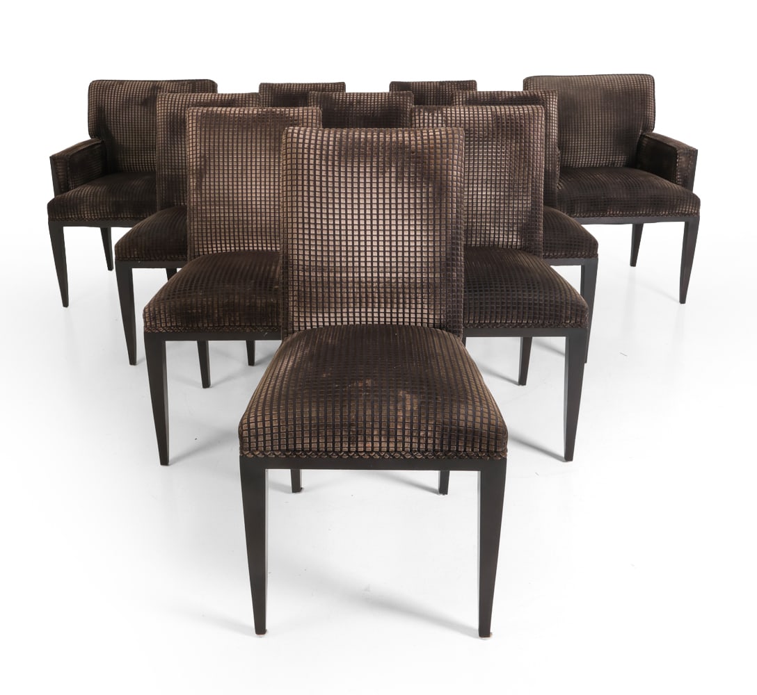 (10) ATTR. MATTALIANO UPHOLSTERED DINING CHAIRS: (2) armchairs and (8) armless dining chairs. Stained oak and walnut frame. Brown patterned upholstery. Dimensions: H 34.5" x W 18.5" x D 21" x SH 18". Condition: Faint scuffs to legs, wear consistent 