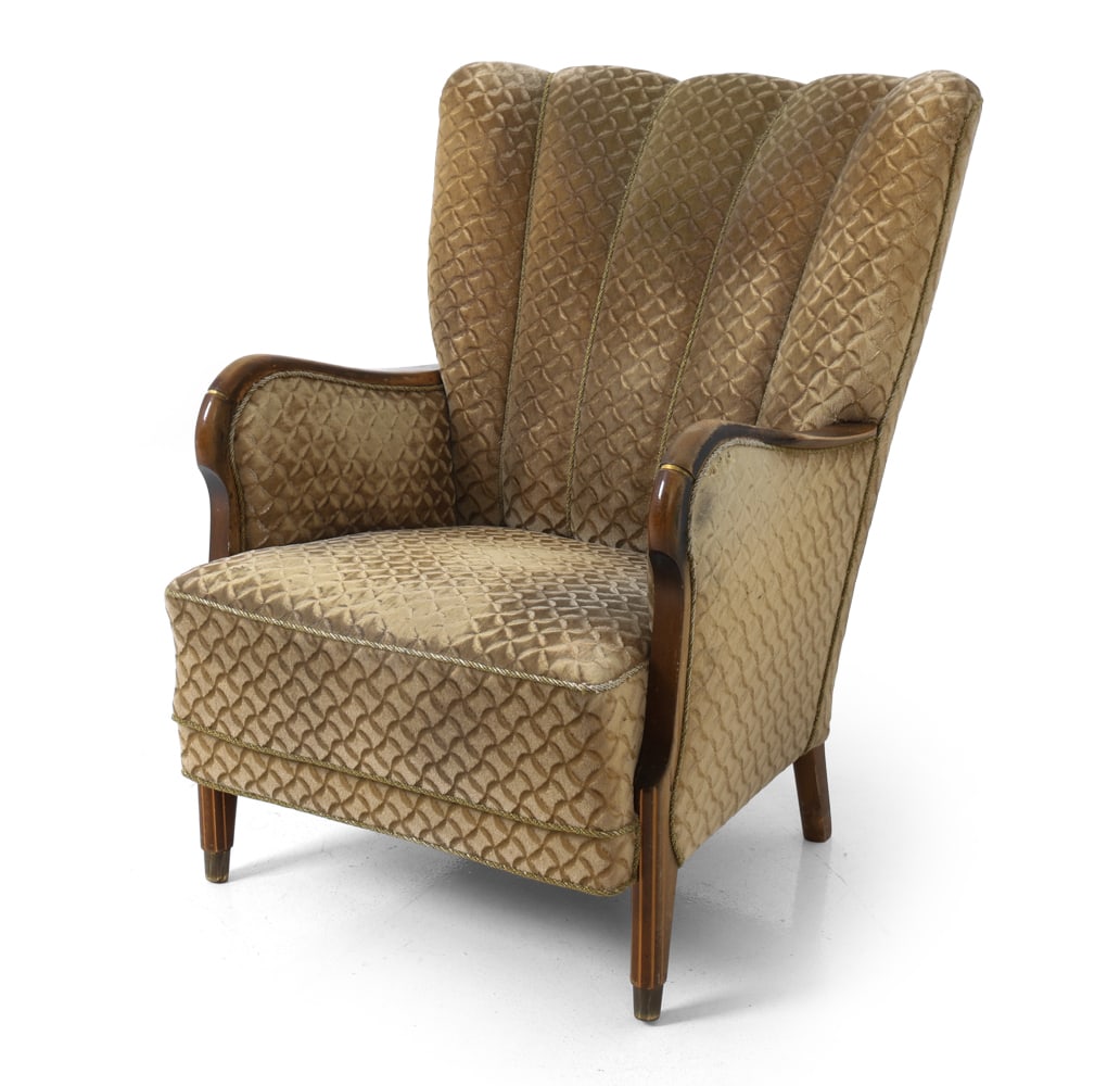 CHRISTENSEN STYLE DANISH VELOUR LOUNGE CHAIR 1940S: Lounge chair in the style of Alfred Christensen. Diamond patterned olive green velour upholstery. Beech arms and legs with carved decoration to feet. Brass accents to arms. Denmark, circa 1940s. Dimen
