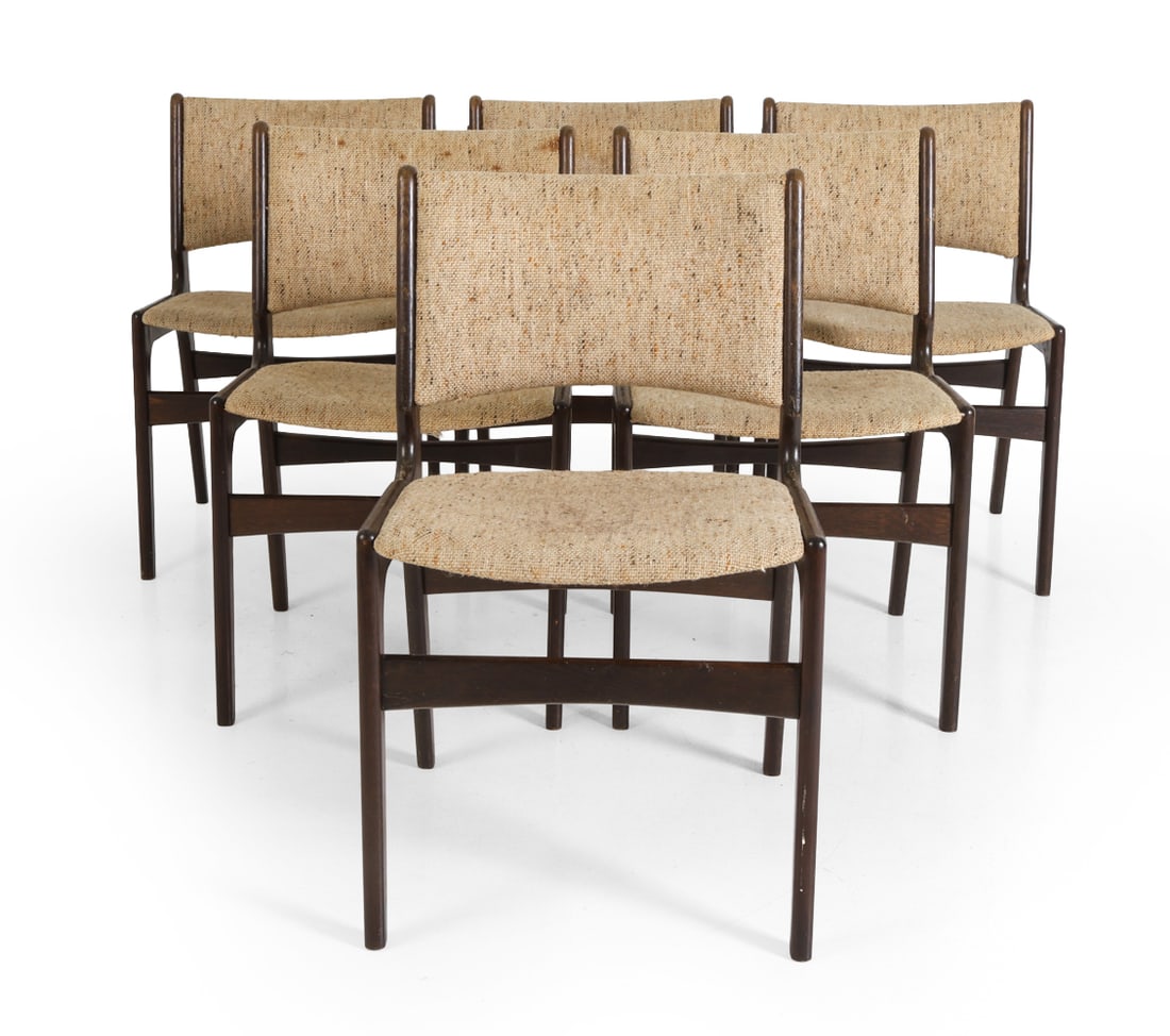 (6) ERIK BUCH MODEL 89 DANISH DINING CHAIRS 1970S: Cream tone upholstery and stained beech frame. Apparently unmarked. Denmark, circa 1970's. Dimensions: H 31" x W 19" x D 19" x SH 17" Condition: Wear consistent with age and use, including discolorati