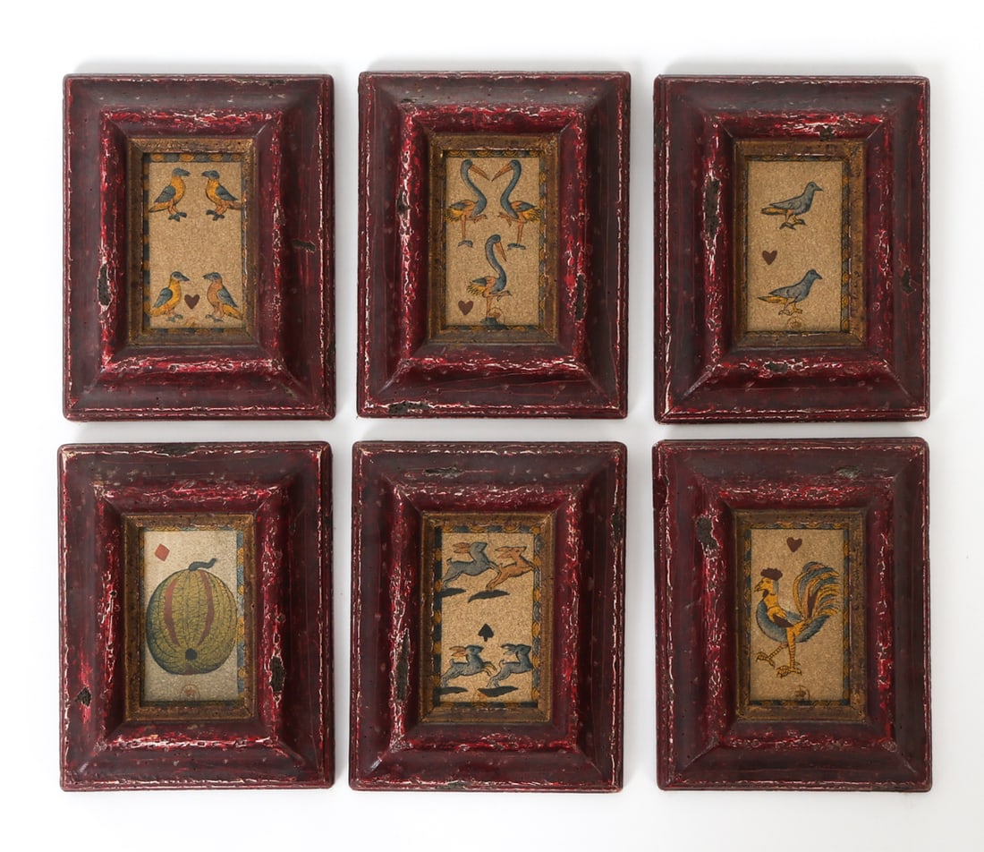 DECORATIVE PRINTS OF 17TH C. PLAYING CARDS: Grouping of (6) 20th c. Dimensions: Frame H 7.5" x W 6". Sight H 3.75" x W 2". Condition: Scuffs, scratches, and dings to frames. Fading to cards. Wear consistent with age and use.