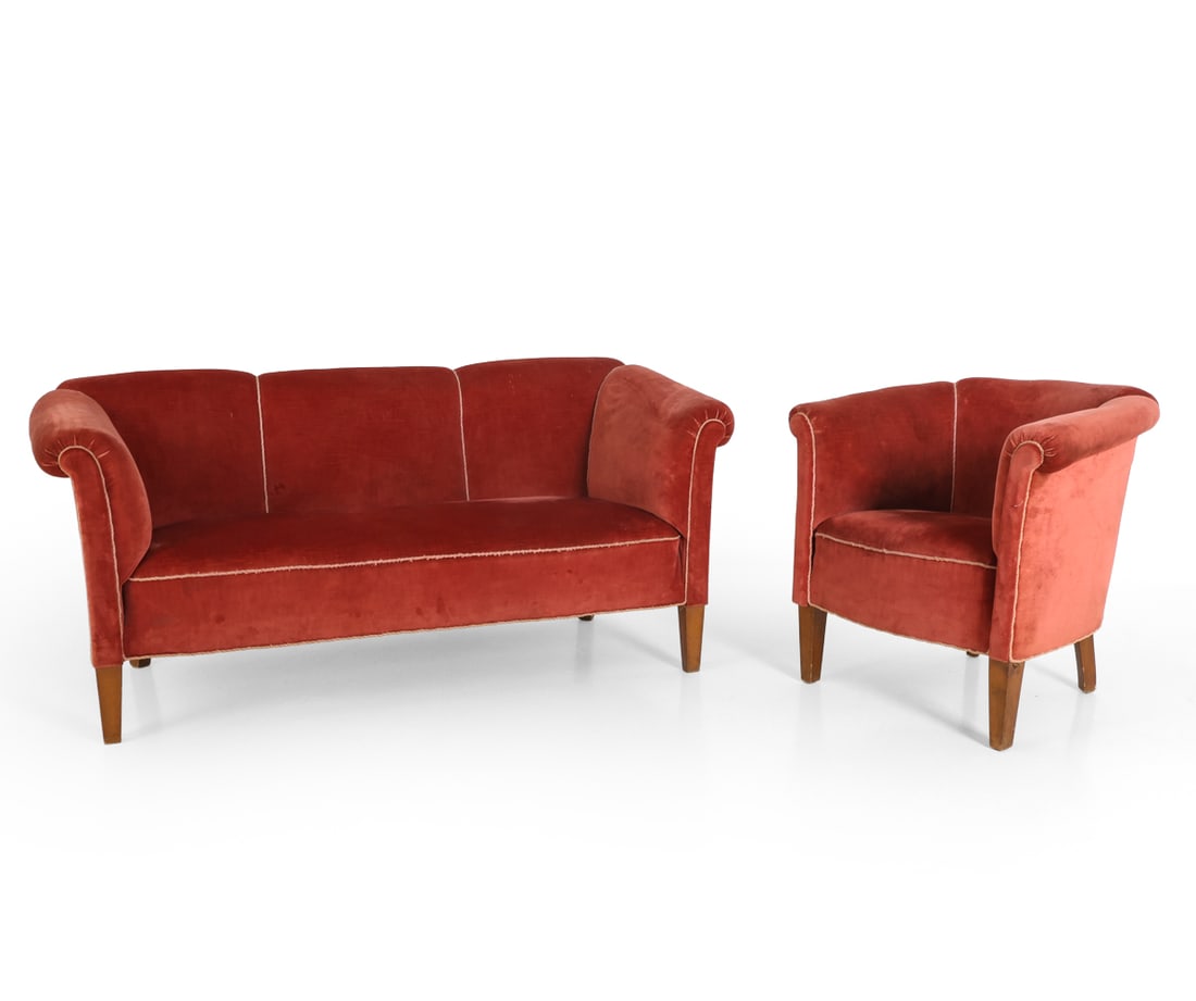 DANISH VELOUR SOFA & LOUNGE CHAIR C. 1940S: Three-seater sofa and a matching lounge chair in velour upholstery with cord details. Curved armrest and beech legs. Denmark, circa 1940s. Dimensions: (Chair) H 28" x W 31" x D 28" x SH 18". (Sofa) H 