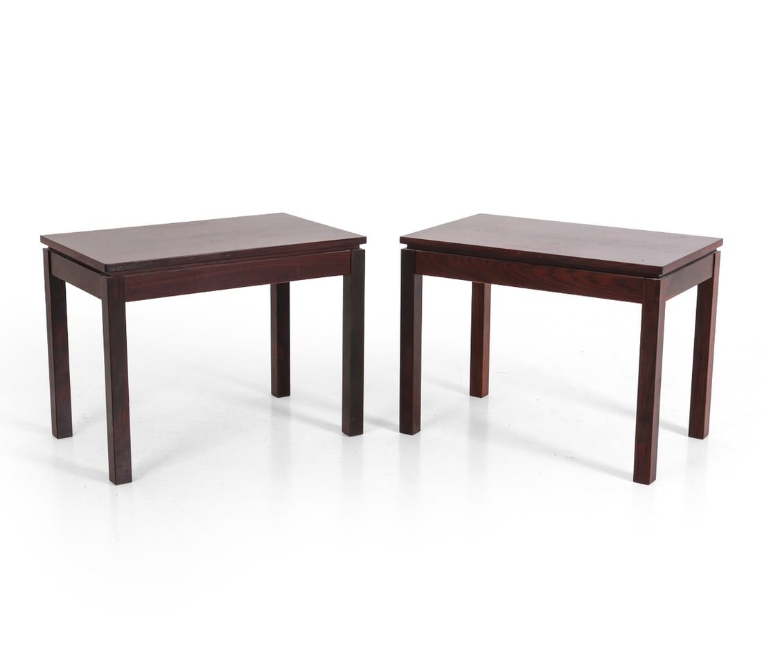 PAIR VEJLE STOLE STYLE DANISH SIDE TABLES: (2) Side tables in rectangular shapes. Denmark, circa 1960s. Dimensions: H 18.5" x W 24.5" x D 15". Condition: Few scuffs, dings to edges. White paint marks to sides and legs. Wear consistent with age