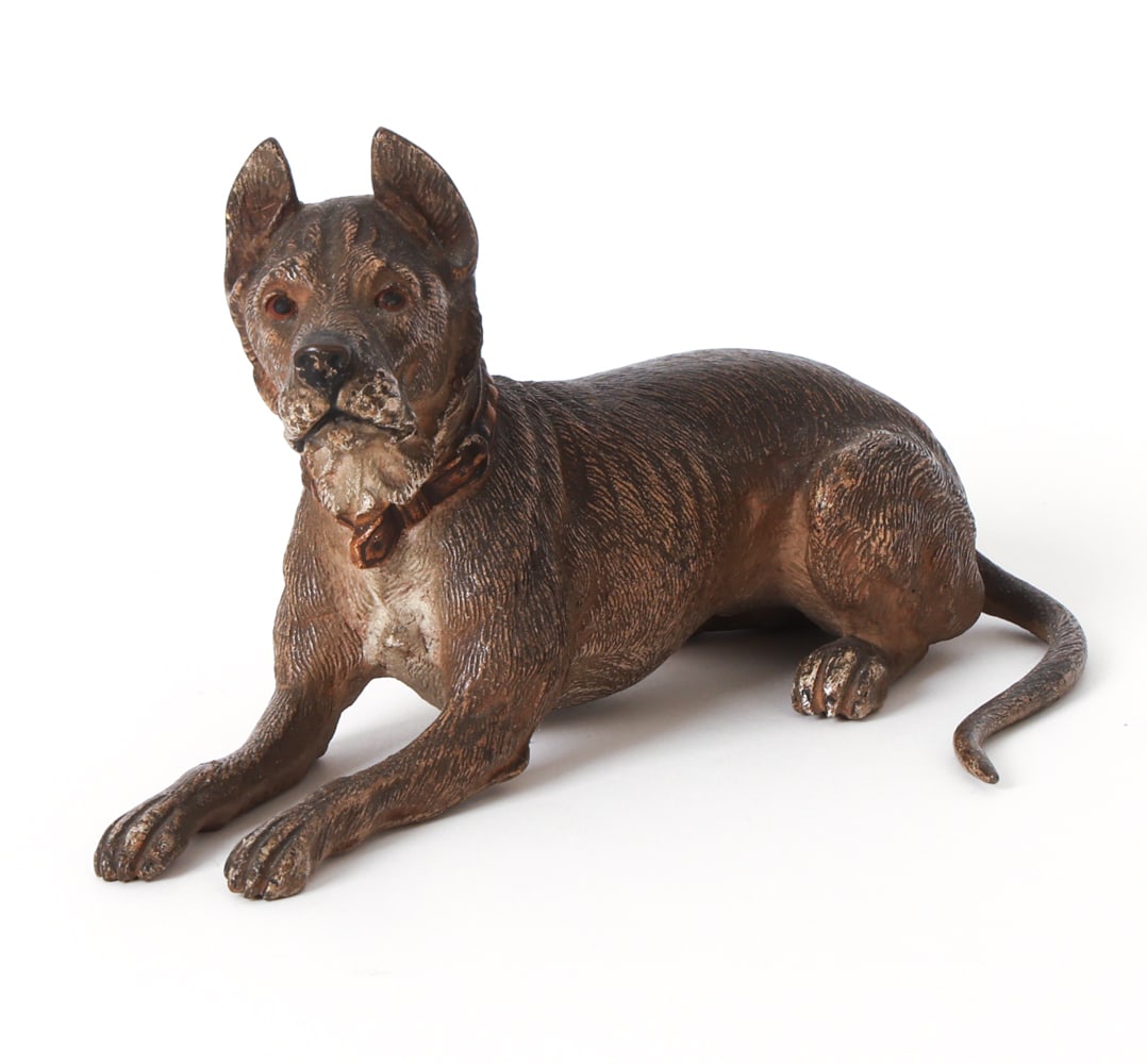 ANTIQUE COLD PAINTED VIENNA BRONZE GREAT DANE DOG: Bronze figure of a great dane. Marked 'Geschuzt' under foot. Late 19th or early 20th century. Dimensions: H 3.5" x W 2.75" x D 7". Condition: Wear consistent with age and use as displayed.