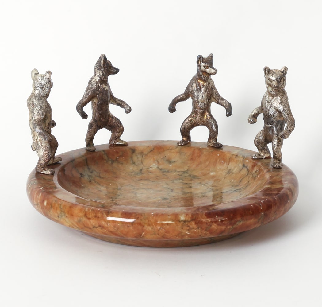 ITALIAN MARBLE BOWL WITH BRONZE DANCING BEARS: Marble bowl with bronze bear figures in silver tone patina, positioned around outer edge. Marked 'Made in Italy' underneath. 20th century. Dimensions: H 5.75" x Dia. 10". Condition: Light scuffs and r
