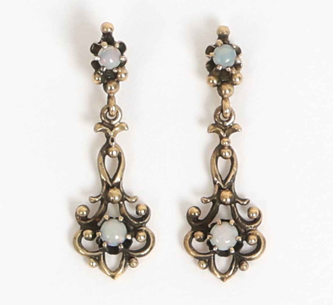 PAIR 14K GOLD & OPAL EARRINGS: Pair of gold earrings in filigree style with opal stones. Apparently unmarked. Tested. Dimensions: L 1.5". Condition: Light rubs. Wear consistent with age and use.