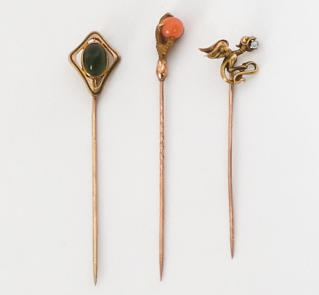 14K GOLD STICK PINS INCL. DIAMOND, CORAL, JADE (1 of 9)