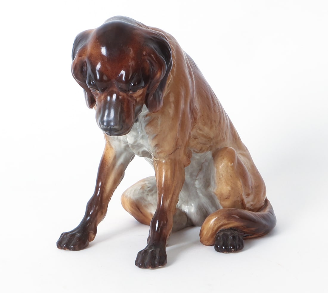 ANTIQUE ROYAL WORCESTER PORCELAIN DOG 19TH C.: Porcelain ceramic figure of a St. Bernard. Marked underneath. Circa late 19th century. Dimensions: H 7" x W 6" x D 8". Condition: Previous repairs present. Possibly missing collar pendant around neck.