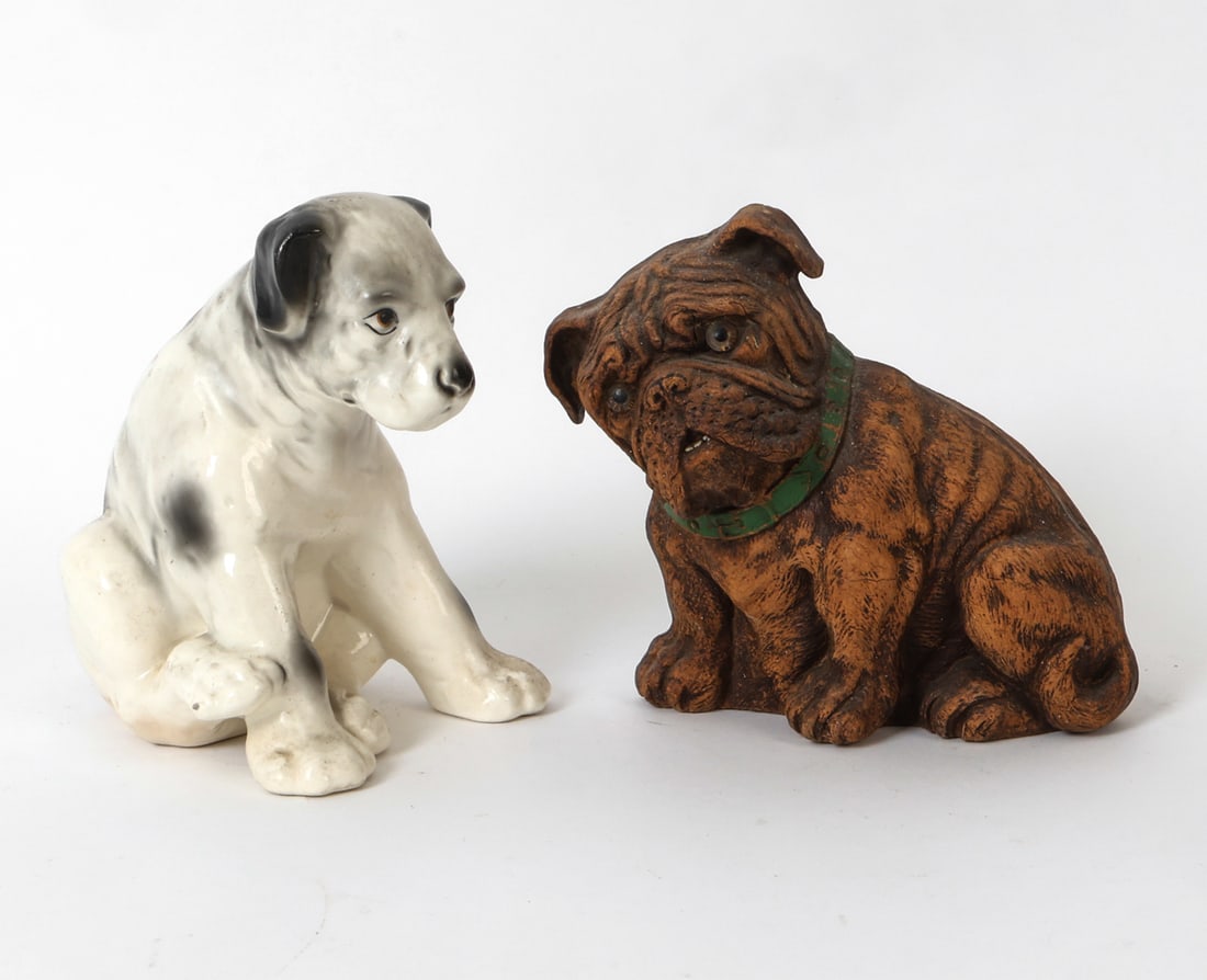 CZECH CERAMIC DOG AND WOODEN DOG: Ceramic dog with mark underneath. Together with wooden dog by Syroco, apparently unmarked. Early 20th century. Dimensions: Largest H 7.5" x W 5" x D 6.5". Condition: Faint scuffs and rubs, light surfa